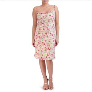 BCBG Paris Midi Satiny Floral Slip Midi Dress Cowl-neck Pink Yellow‎ Size XL